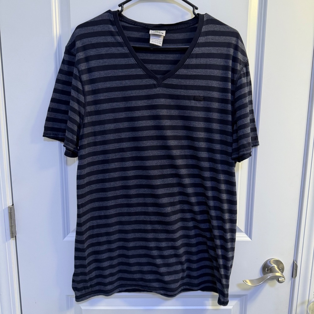 Lacoste Mens V-Neck Striped T-Shirt Navy Blue Grey Short Sleeve Logo Tee 7779L 7